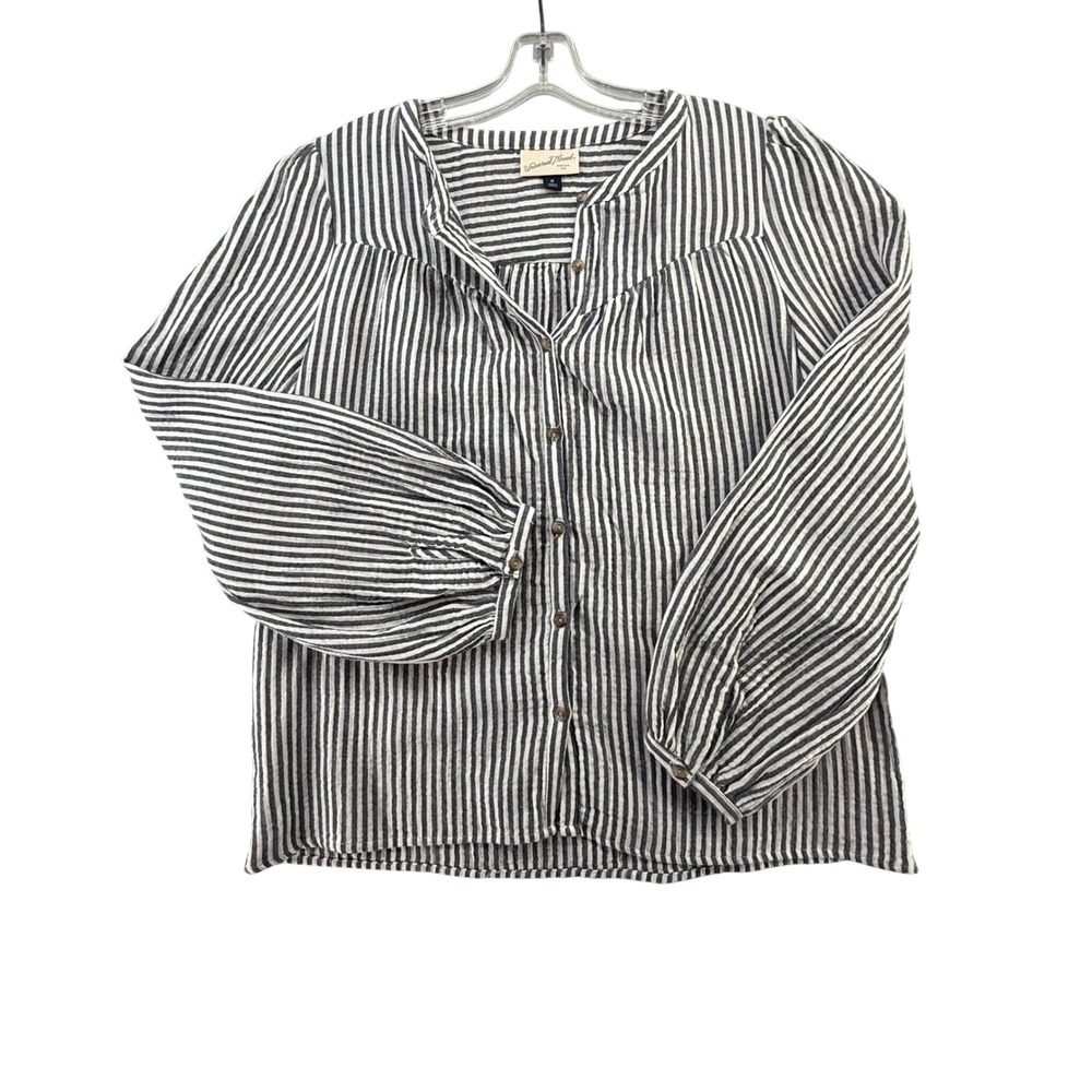 Universal Thread Womens Medium Blue White Striped Cotton Button Down Blouse Top